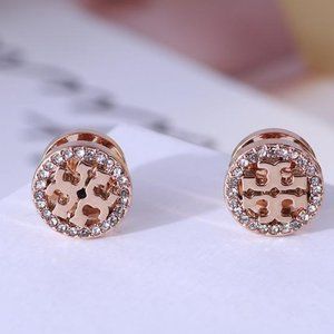 Tory Burch Earrings Rose Gold Miller Pave Logo New
